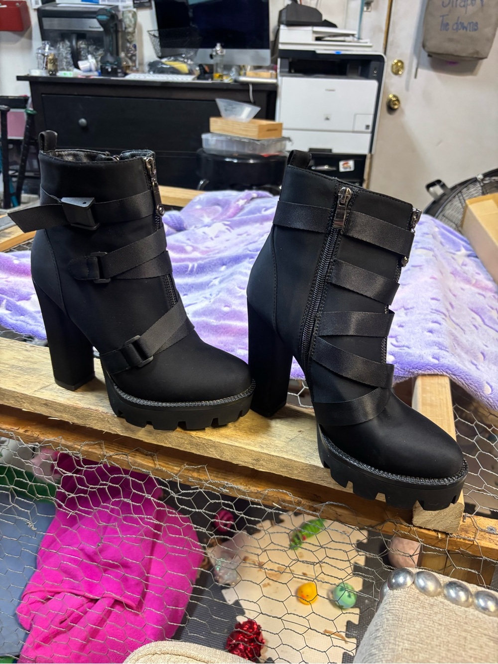 WetKiss Black Chunky Platform Ankle Boots with Straps - Picture 2 of 8